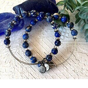 Alex and Ani Blue Rasberry Watercolor Beaded Silver Bangle Bracelet Lot